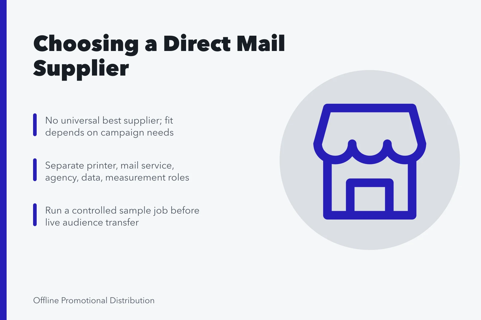Card comparing direct mail supplier roles, evidence, and trial job steps. Which direct mail marketing companies actually earn a second campaign