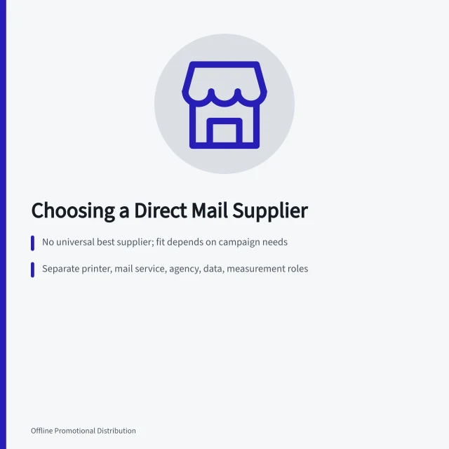 Card comparing direct mail supplier roles, evidence, and trial job steps. Which direct mail marketing companies actually earn a second campaign