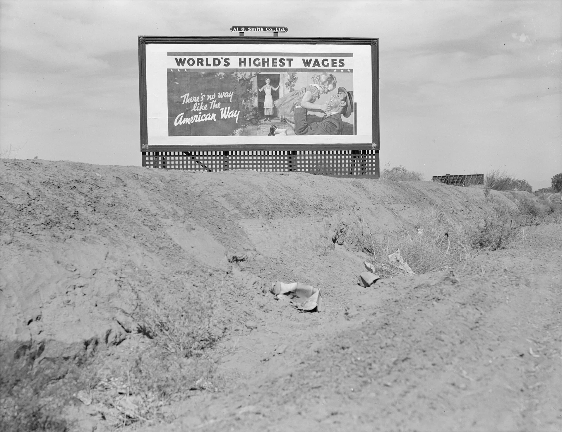 Billboard on U.S. Highway 99 in California. National advertising campaign sponsored by the National Association of Manufacturers. Billboard advertising costs by state: sample budget ranges