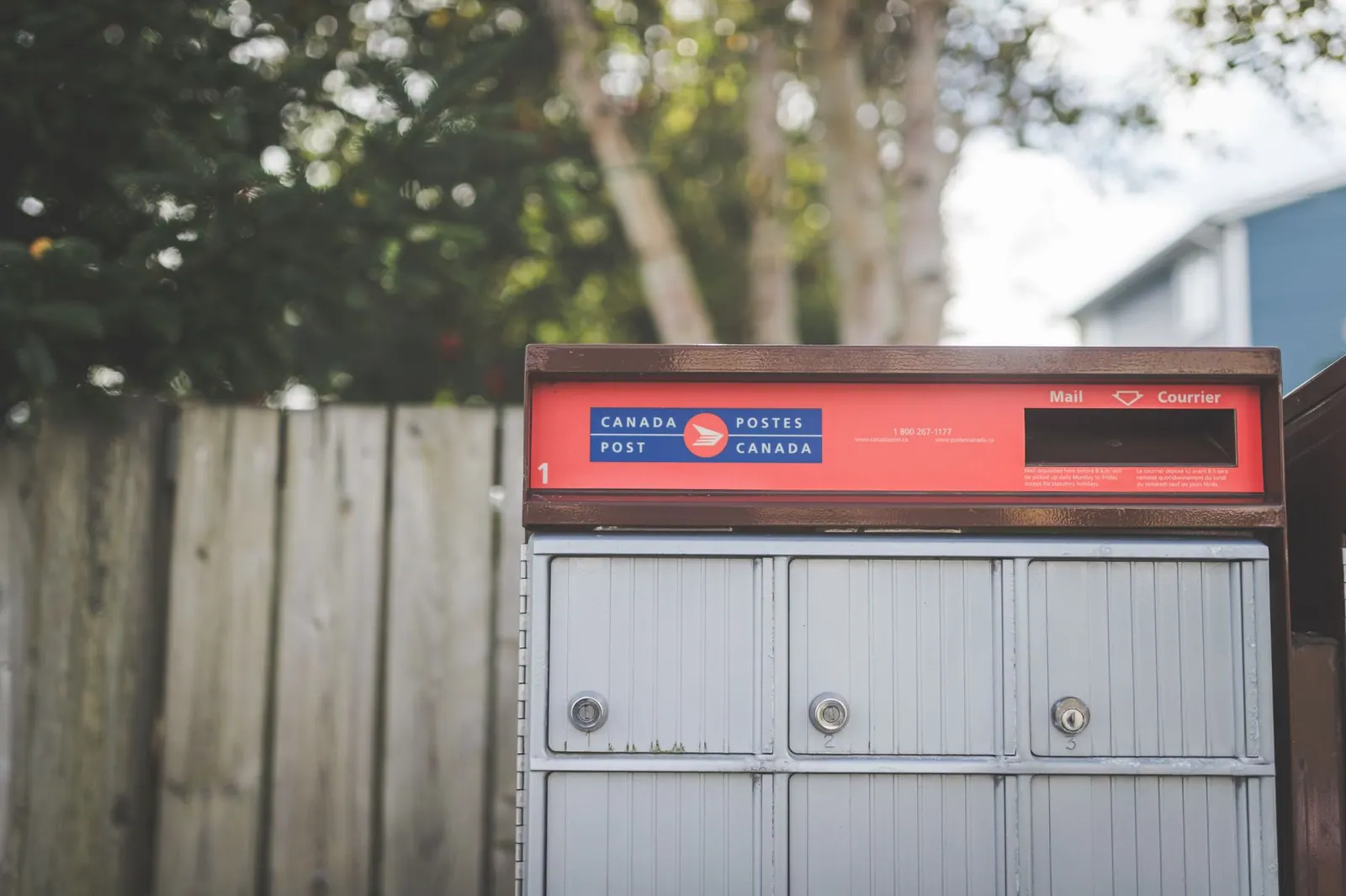 Close-up image of a Canada Post mailbox outdoors with natural background. Canada Post Neighbourhood Mail rates: what a small business pays