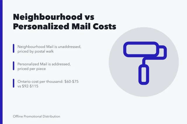 Comparison of Canada Post Neighbourhood and Personalized Mail costs by province. Canada Post Neighbourhood Mail vs Personalized Mail costs by province