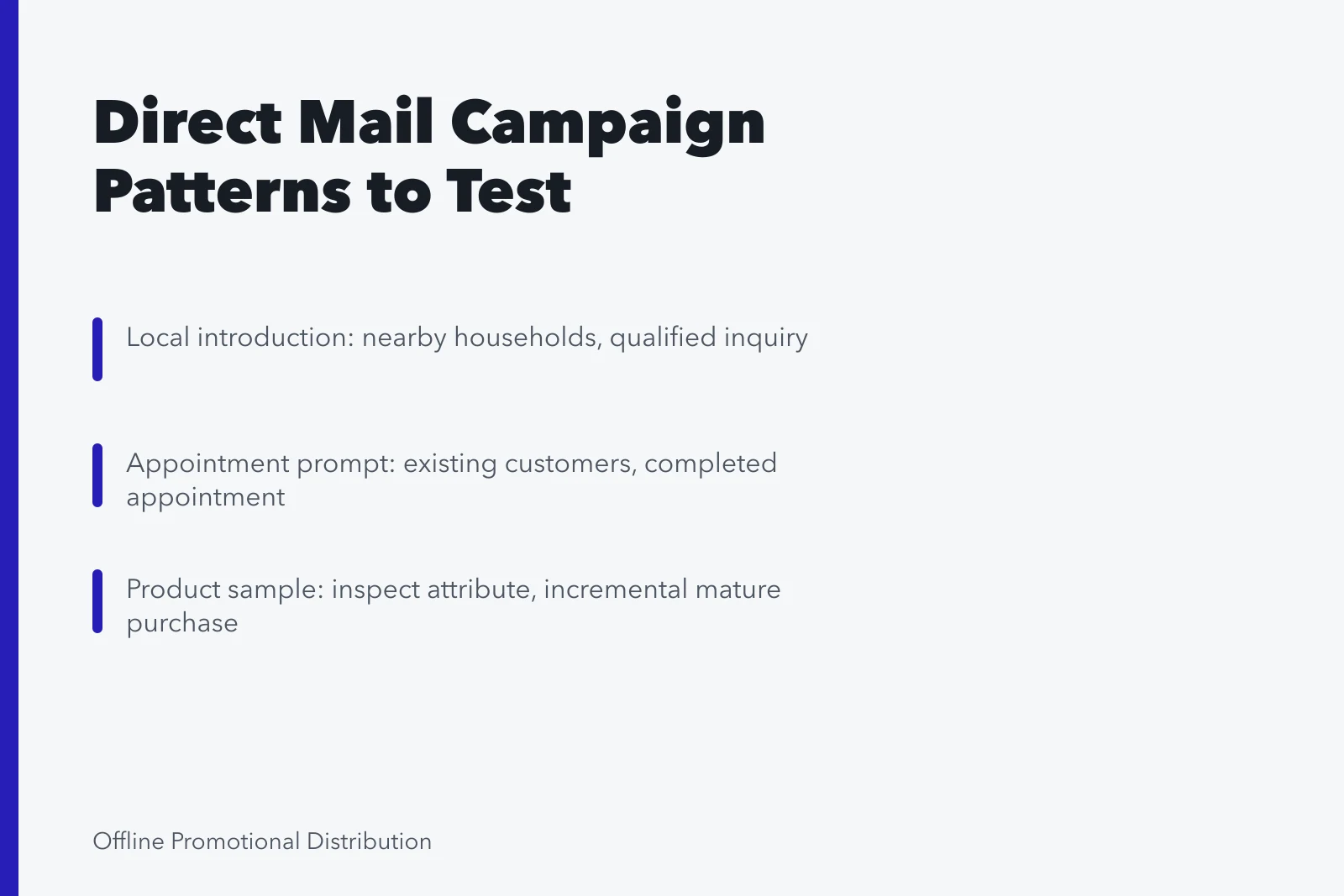 Card listing direct mail campaign patterns and their measures. Direct mail marketing examples worth adapting for a real campaign