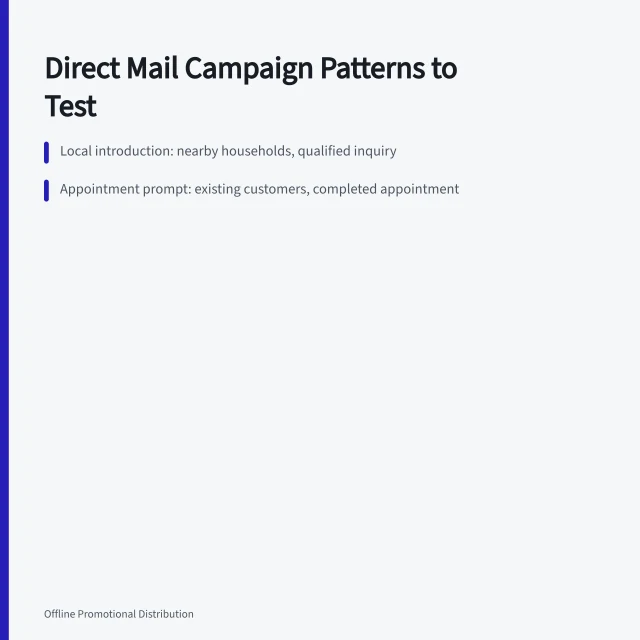 Card listing direct mail campaign patterns and their measures. Direct mail marketing examples worth adapting for a real campaign