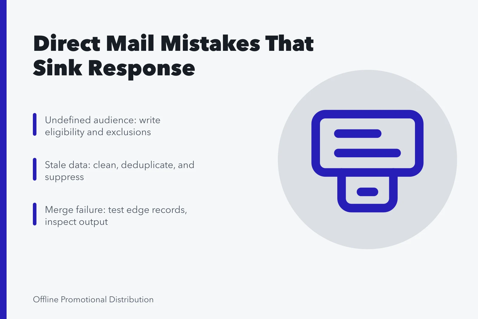Card listing direct mail mistakes: audience, data, merge. The direct mail marketing mistakes that quietly sink response rates