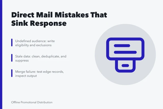 Card listing direct mail mistakes: audience, data, merge. The direct mail marketing mistakes that quietly sink response rates