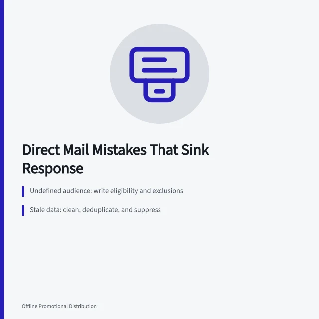 Card listing direct mail mistakes: audience, data, merge. The direct mail marketing mistakes that quietly sink response rates