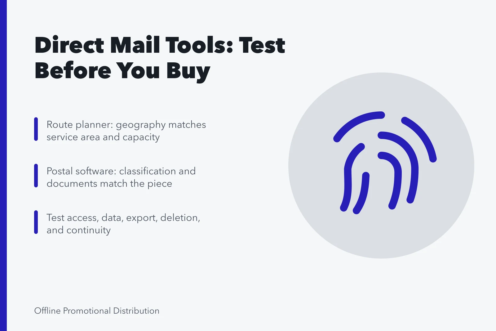 Checklist comparing direct mail marketing tool categories against acceptance tests. Postal accuracy and proof: direct mail marketing tools compared