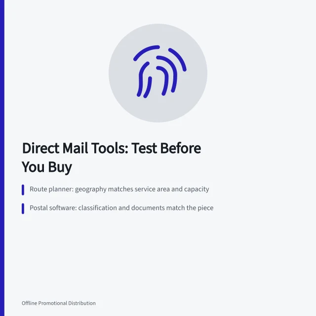Checklist comparing direct mail marketing tool categories against acceptance tests. Postal accuracy and proof: direct mail marketing tools compared