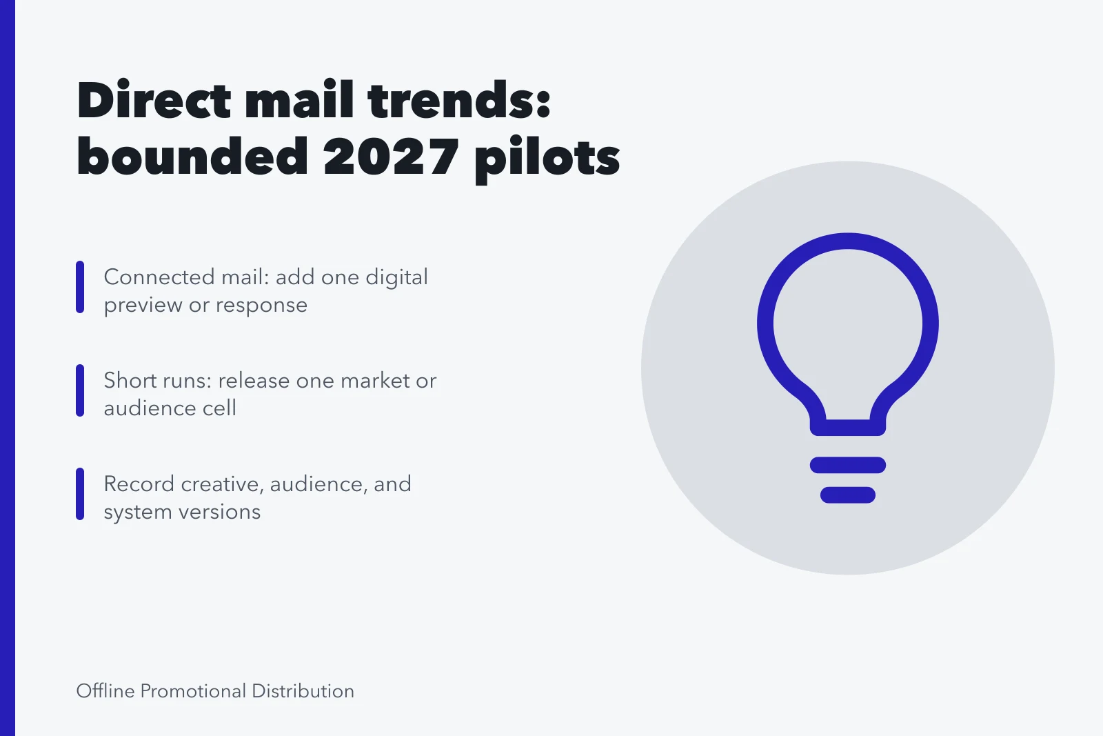 Card summarizing 2027 direct mail marketing trends as bounded pilot tests. Where direct mail marketing trends are heading in 2027