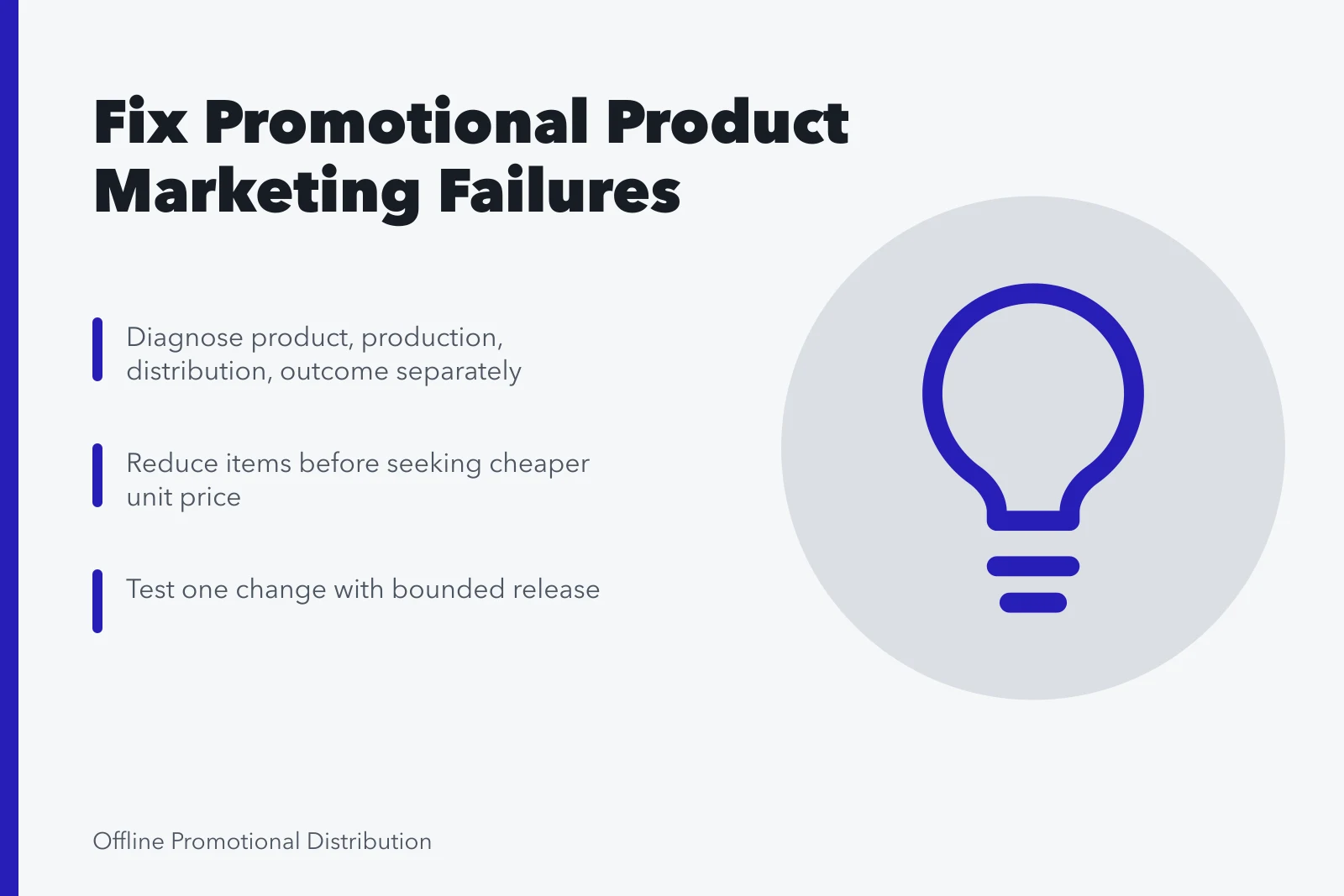 Card outlining steps to diagnose and improve promotional product marketing. How to improve promotional product marketing: the parts worth your time