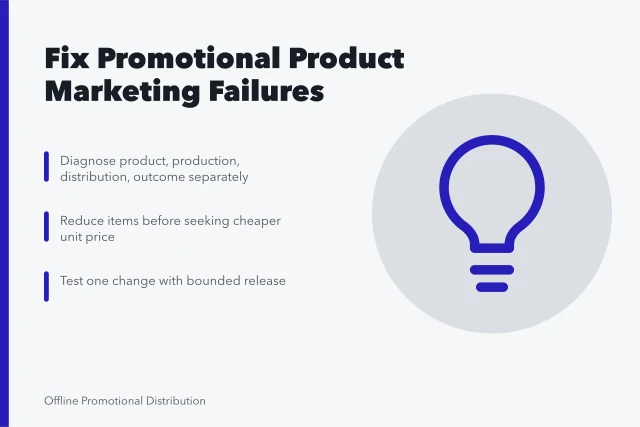 Card outlining steps to diagnose and improve promotional product marketing. How to improve promotional product marketing: the parts worth your time