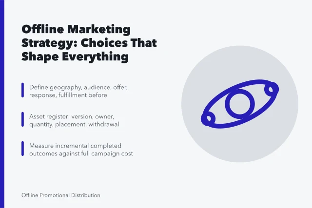 Offline marketing strategy card with channel, offer, production and measurement steps. Offline marketing strategy: the choices that shape everything else