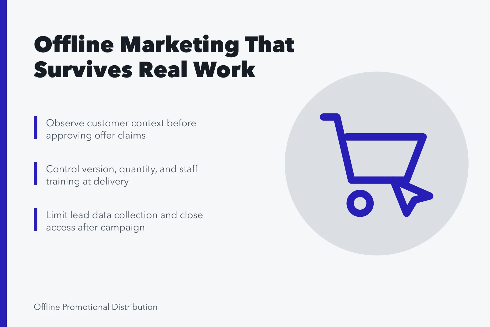 Card summarizing offline marketing operating stages, response security, and owner assignments. Offline marketing strategy best practices that survive contact with real work