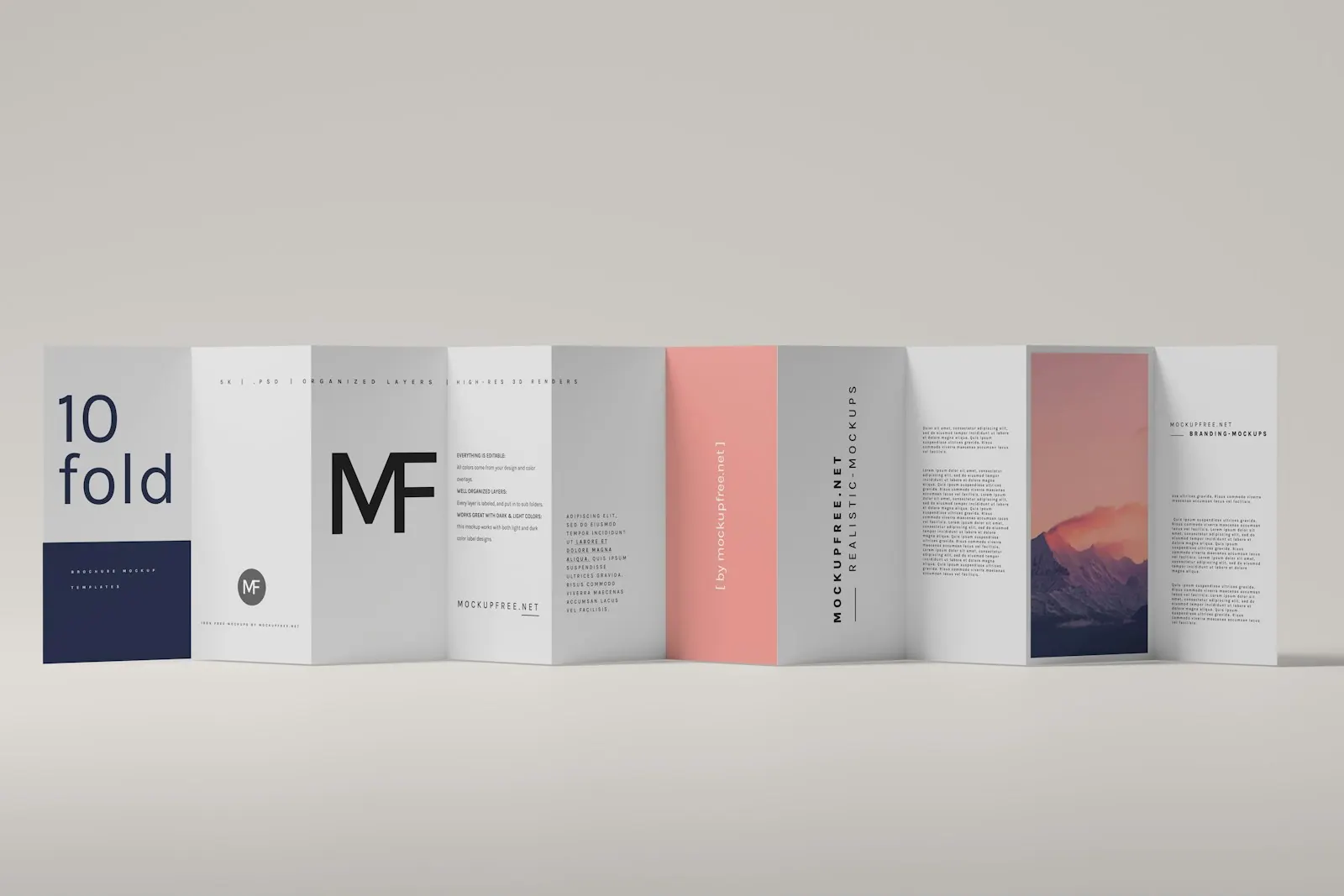 a row of folded brochures with a mountain in the background DL Ten-Fold Brochure or Flyer Mockup, Download the PSD version of this mockup for free from https://mockupfree.net. Reading the offline marketing strategy examples closely