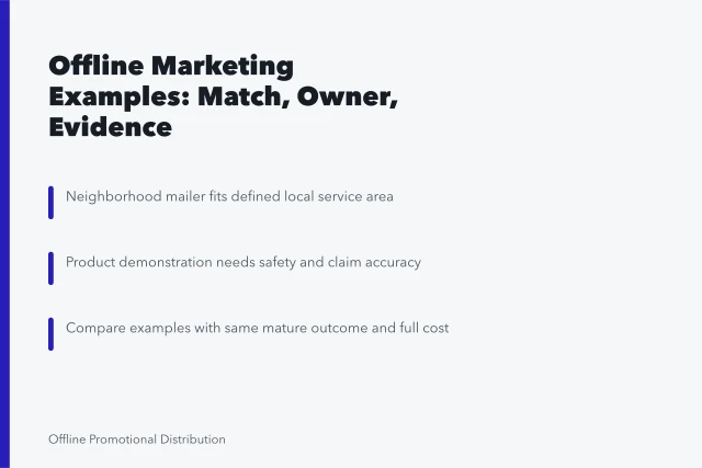 Card summarizing offline marketing examples, guardrails, and comparison criteria. Reading the offline marketing strategy examples closely