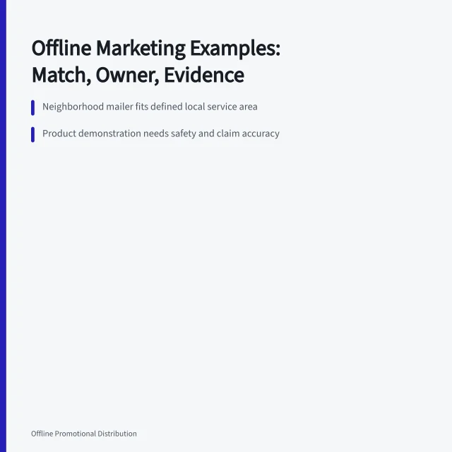Card summarizing offline marketing examples, guardrails, and comparison criteria. Reading the offline marketing strategy examples closely