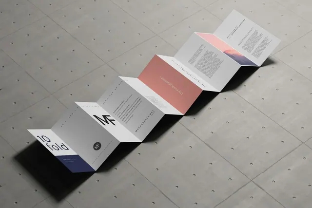 a group of folded brochures sitting on top of a tiled floor DL Ten-Fold Brochure or Flyer Mockup, Download the PSD version of this mockup for free from https://mockupfree.net. The offline marketing strategy mistakes people repeat, and how to stop
