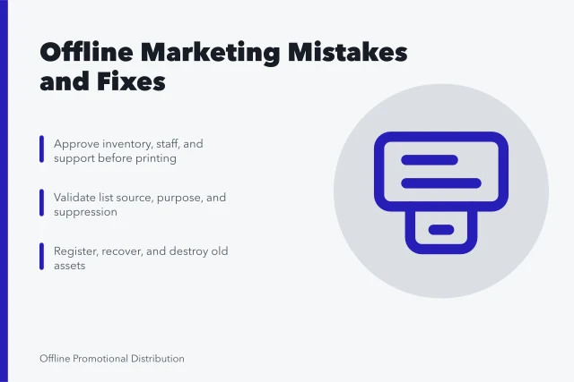 Card listing offline marketing mistakes, corrections, and approval steps. The offline marketing strategy mistakes people repeat, and how to stop