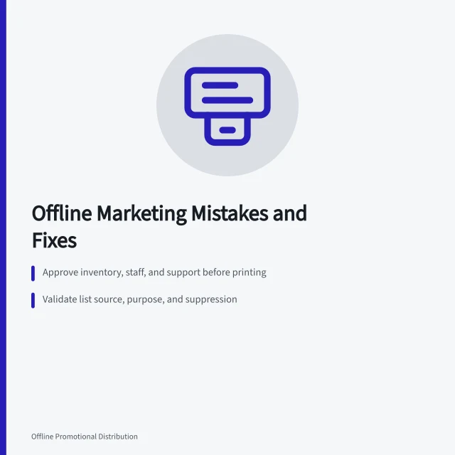 Card listing offline marketing mistakes, corrections, and approval steps. The offline marketing strategy mistakes people repeat, and how to stop