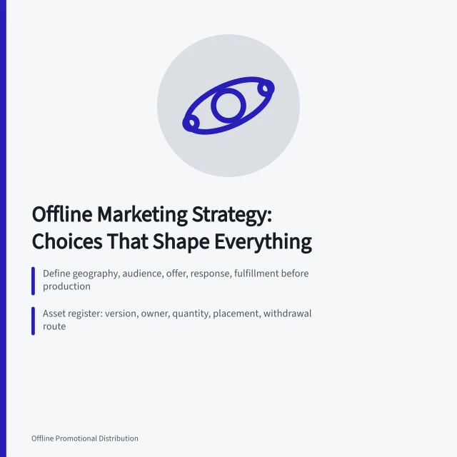Offline marketing strategy card with channel, offer, production and measurement steps. Offline marketing strategy: the choices that shape everything else