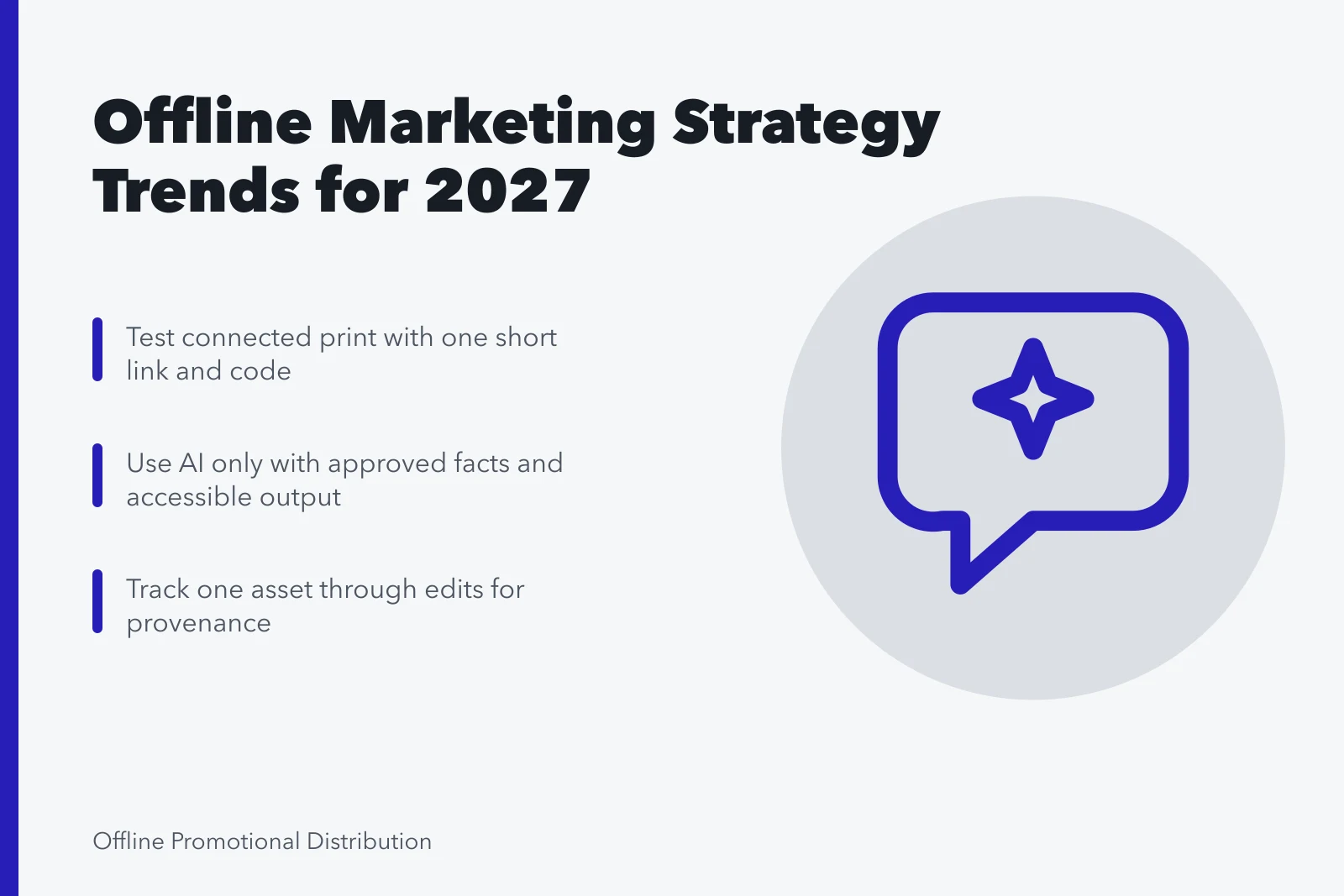 Card summarizing offline marketing trends for 2027 with pilot tests and watchlists. The honest guide to offline marketing strategy trends, updated for 2027