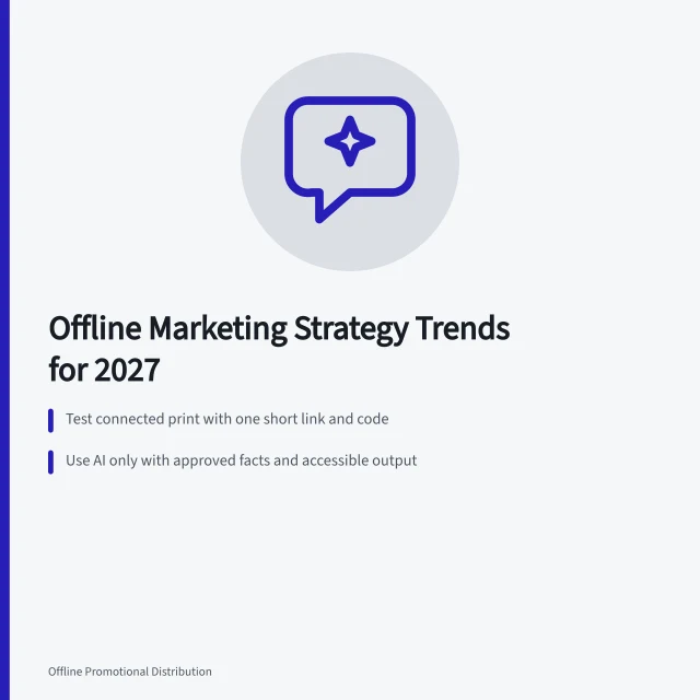 Card summarizing offline marketing trends for 2027 with pilot tests and watchlists. The honest guide to offline marketing strategy trends, updated for 2027
