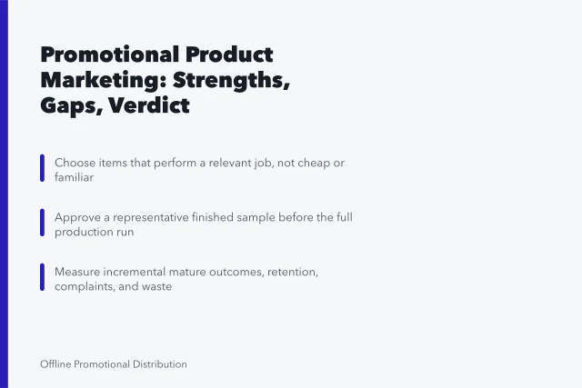 Card summarizing promotional product marketing selection, sampling, and measurement criteria. Reviewing promotional product marketing: strengths, gaps and a verdict