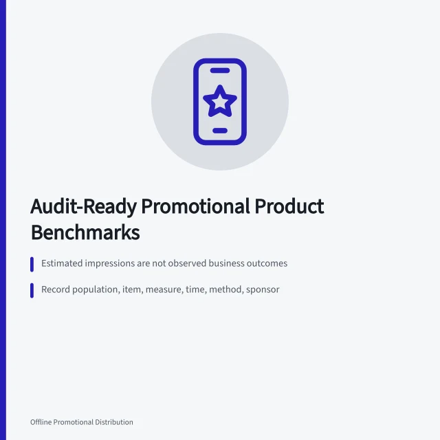 Evidence card listing benchmark fields for promotional product marketing audits. Benchmarks for promotional product marketing that hold up under audit