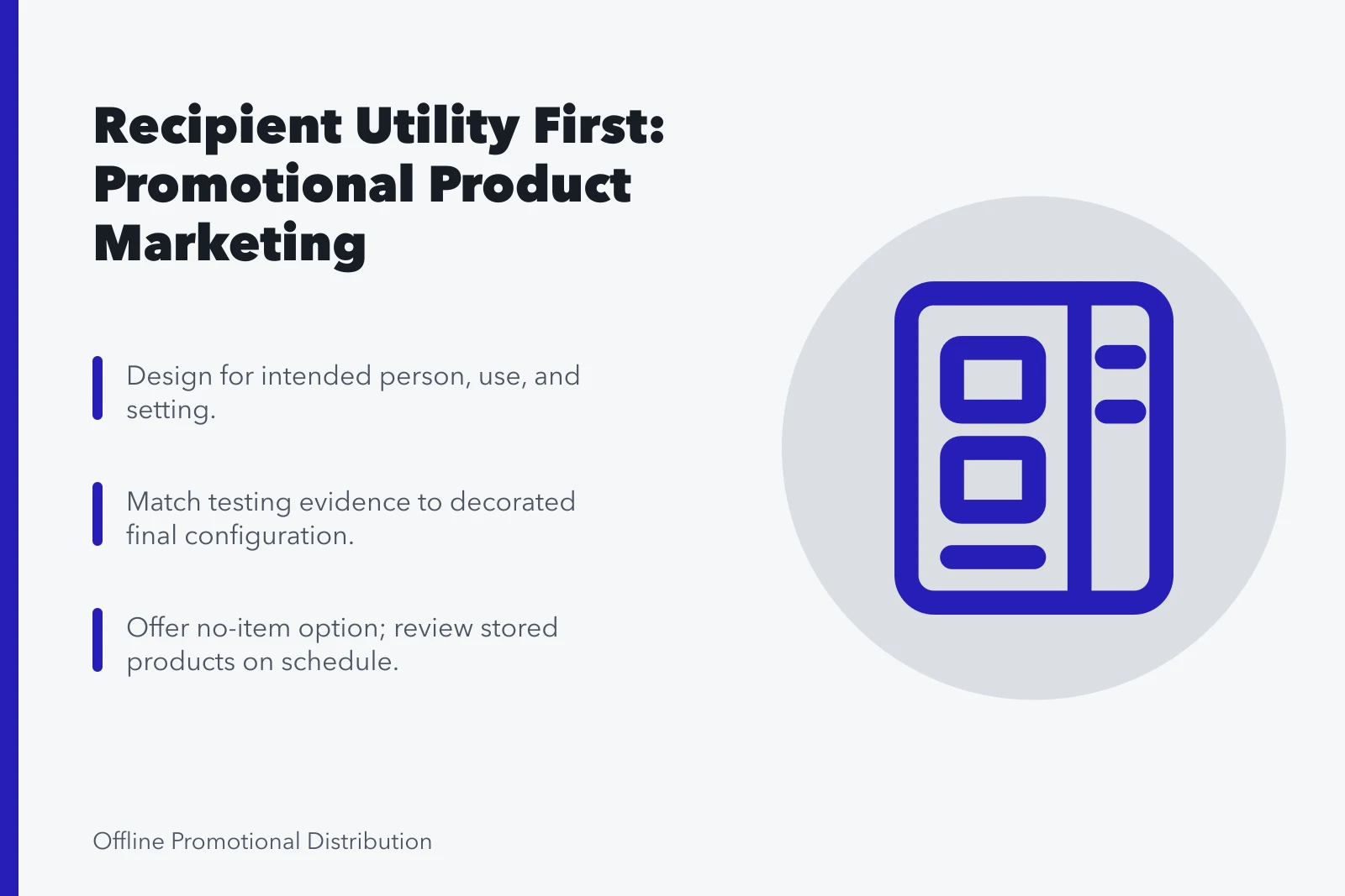 Card summarizing promotional product marketing best practices. Recipient utility first: promotional product marketing best practices