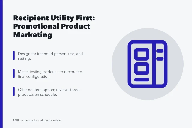 Card summarizing promotional product marketing best practices. Recipient utility first: promotional product marketing best practices