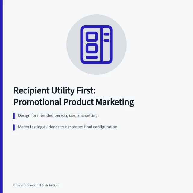 Card summarizing promotional product marketing best practices. Recipient utility first: promotional product marketing best practices