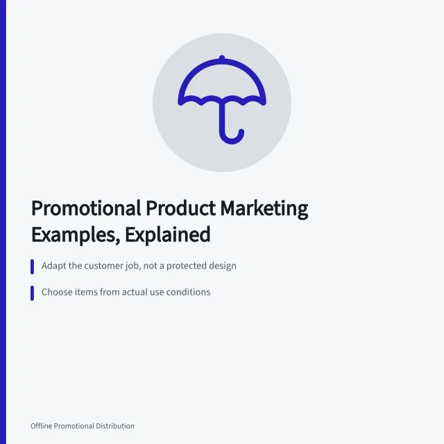 Card listing promotional product marketing patterns, rights clearance, and testing steps. Promotional product marketing examples with the reasoning laid bare