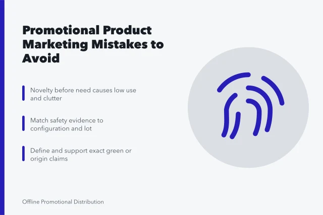 Checklist card of promotional product marketing mistakes and corrections. How to catch and fix promotional product marketing mistakes