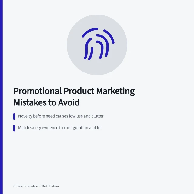 Checklist card of promotional product marketing mistakes and corrections. How to catch and fix promotional product marketing mistakes