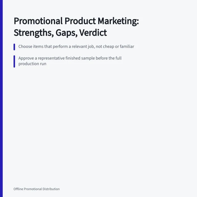 Card summarizing promotional product marketing selection, sampling, and measurement criteria. Reviewing promotional product marketing: strengths, gaps and a verdict