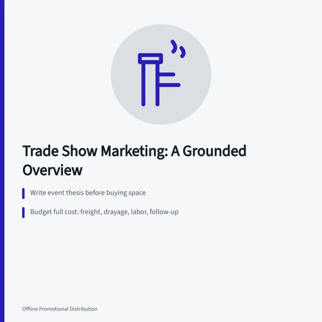 Trade show marketing card with event thesis, full budget, and lead verification steps. Trade show marketing: a grounded overview