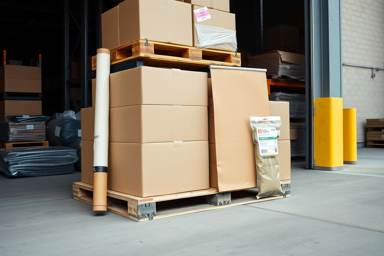 Stretch-wrapped pallet of brochures, door hangers, banner stand and sample sachets (Cross-border promotional campaigns, shipping printed materials between Canada and the US)