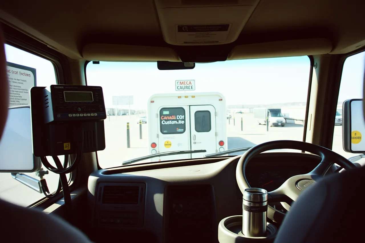 Truck cab with electronic logging device at a Canada-US border crossing (Cross-border promotional campaigns, shipping printed materials between Canada and the US)