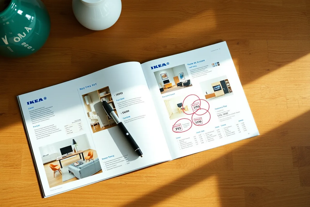 Open IKEA catalog with three items circled in pen on a table (Direct mail marketing examples worth adapting for a real campaign)