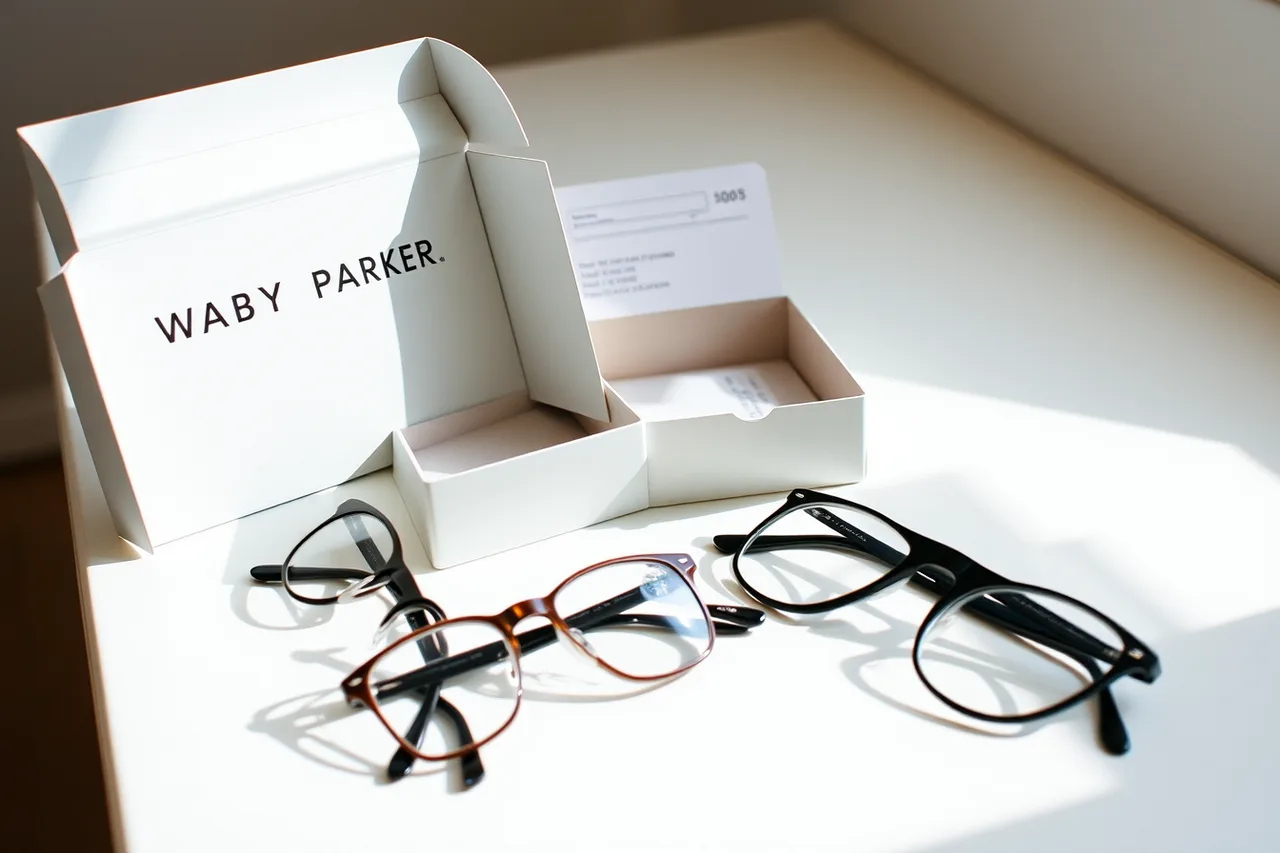 Warby Parker home try-on box with five eyeglass frames and prepaid label (Direct mail marketing examples worth adapting for a real campaign)