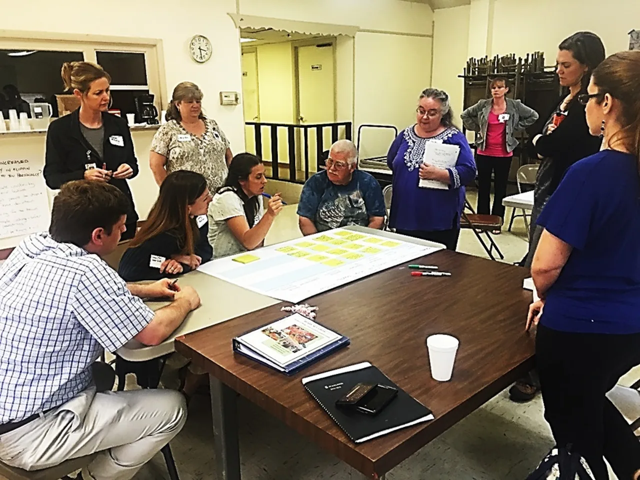 Local stakeholders gather around a table to plan farmers market and downtown projects.
