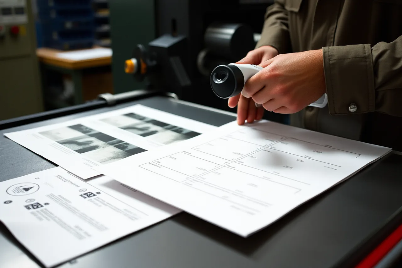 Press operator comparing printed sheet with proof at press (Print advertising trends: a grounded overview in 2027)