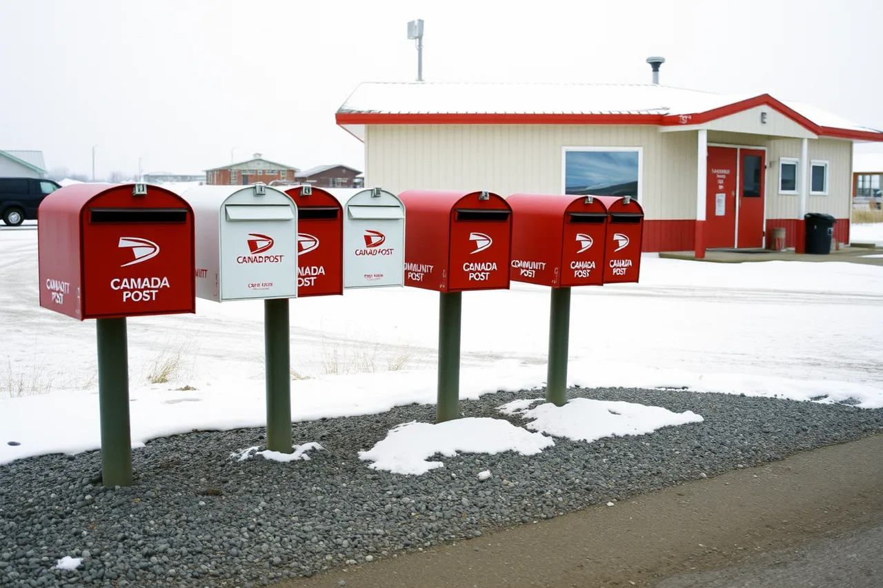 Canada Post community mailboxes in a snowy Northern settlement (A guide to rural and remote distribution in Northern Canada)